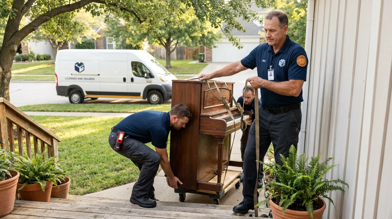 Licensed piano movers securing grand piano in Ledbetter, KY