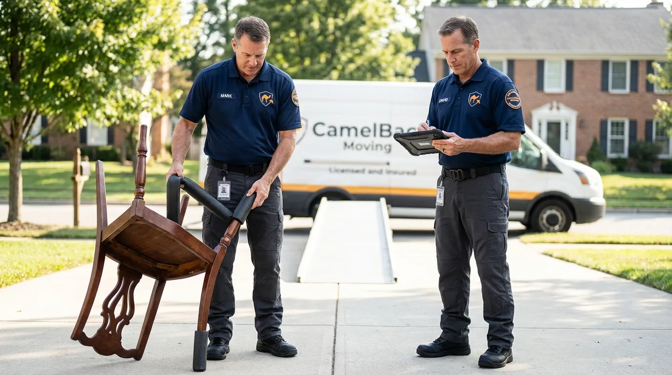 Movers inspecting furniture for damage prevention before loading in Ledbetter, KY